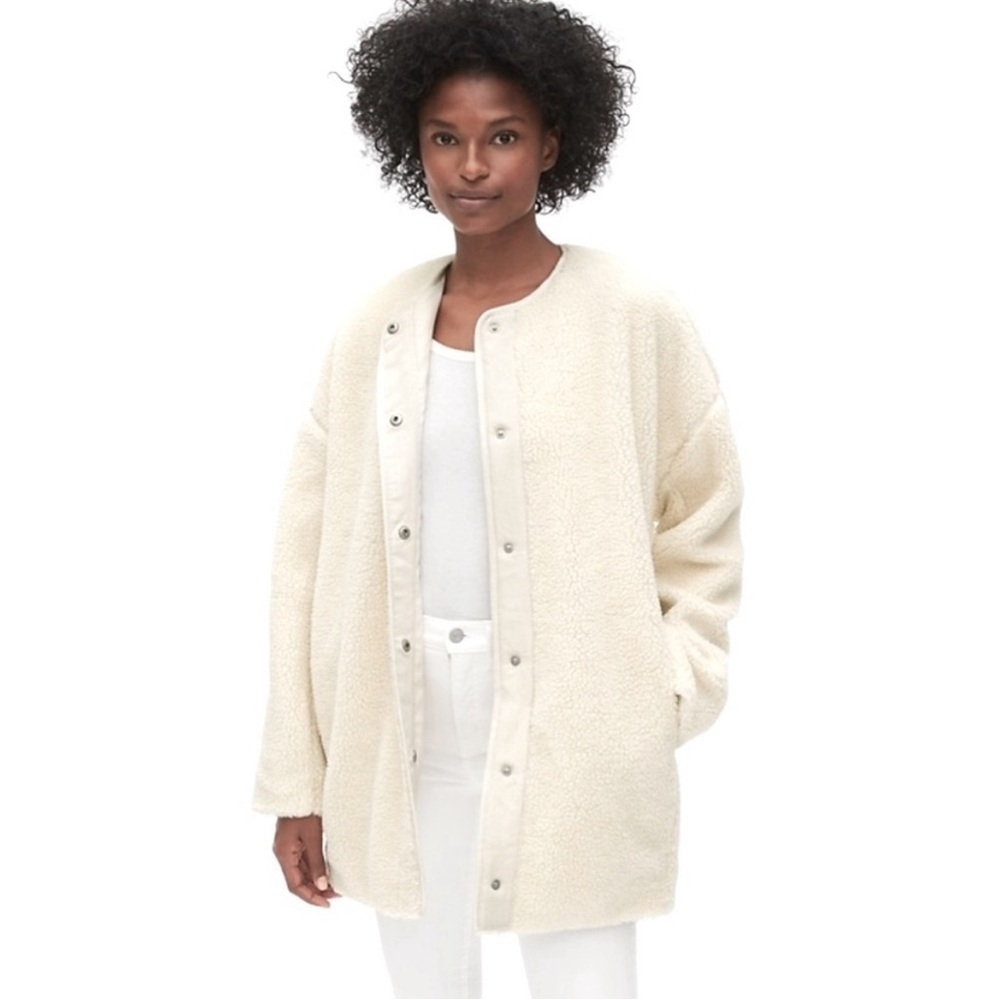 Gap Sherpa Cocoon‎ Jacket Ivory Teddy Fleece Snap Front Lined Petite Medium MP